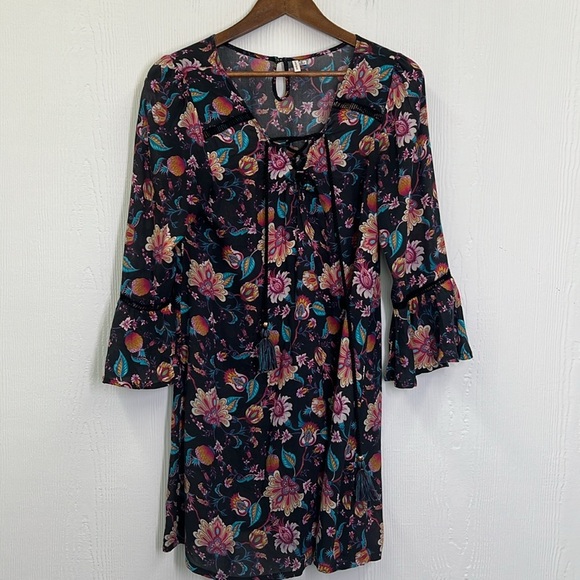 Nanette Lepore - Bright Floral Viscose Lace Up Long Sleeve Mini Dress Size Small - Picture 9 of 12